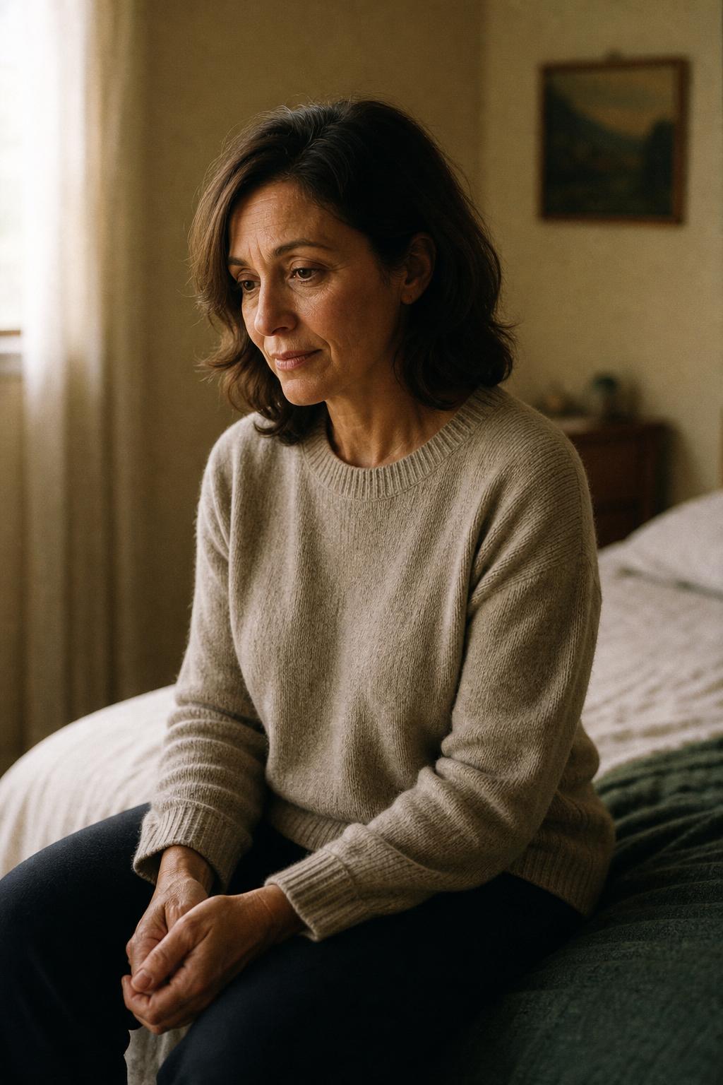 A woman standing quietly at a window in a moment of reflection