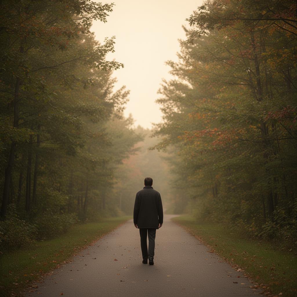 A person walking quietly along a tree-lined path in early autumn