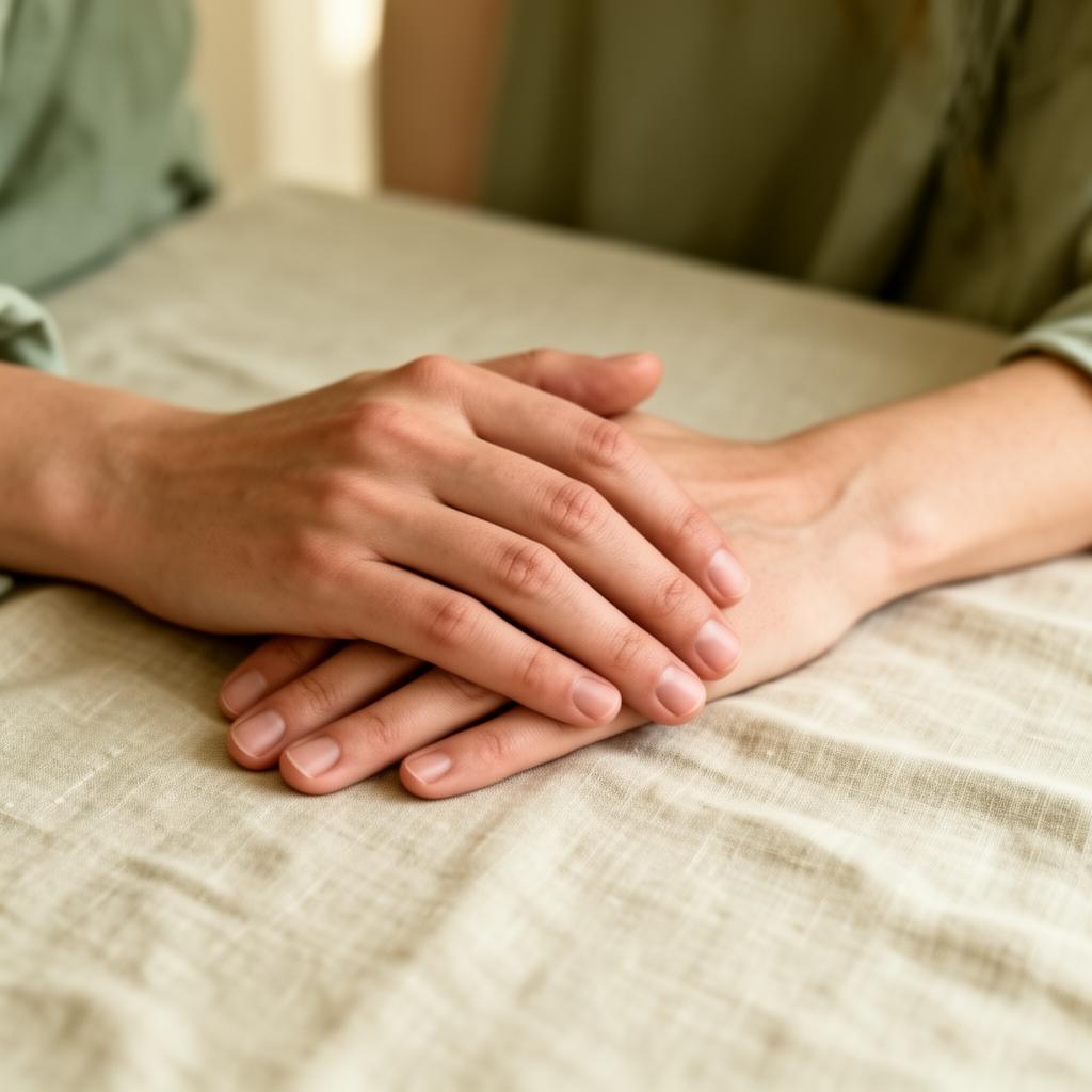 Two hands resting gently together on a linen surface